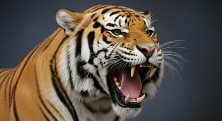 Fototapeta premium Fierce tiger roaring with bared teeth displaying intense aggression in a close-up portrait