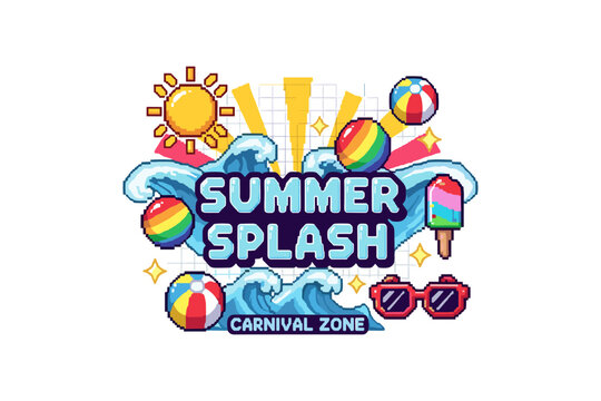 Retro pixel art summer party with beach waves and carnival vibes