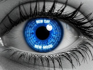 Close up of a blue eye with binary code and text 'new day new mood'