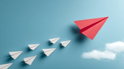 Red Paper Plane Leading White Planes in Blue Sky.