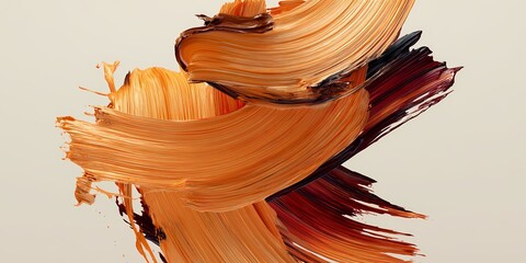 An abstract image featuring dynamic brush strokes of orange, brown, and burgundy on a light background.