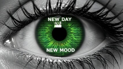Close up of a green eye with binary code and text 'new day new mood'