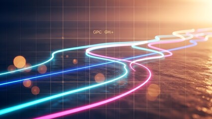 Neon light trails on a futuristic grid background with sunset