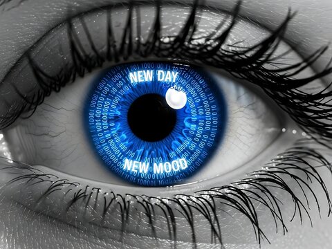 Close up of a blue eye with binary code and text 'new day new mood' - Powered by Adobe