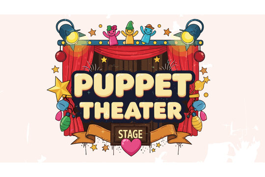 Colorful puppet theater stage with playful characters and bright decorations