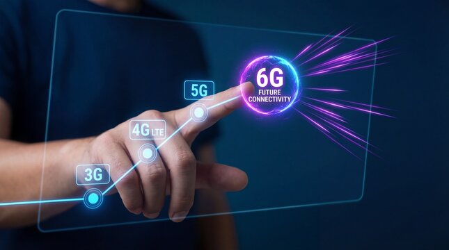Person interacting with futuristic 6G network interface for future connectivity - Powered by Adobe