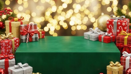 Green display stand surrounded by christmas gifts and festive decorations with blurred bokeh lights