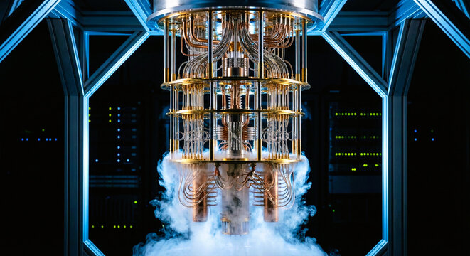 Quantum Computer Cryostat System with Glowing Blue Mist and Gold Cables