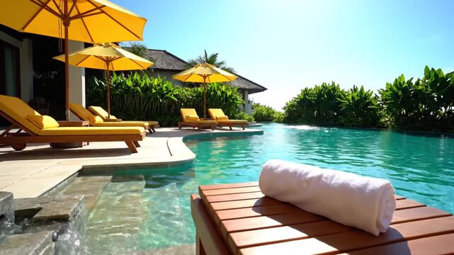 Luxurious tropical resort destination with a stunning swimming pool, inviting sun loungers, and vibrant yellow umbrellas, offering a perfect serene escape and tranquil vacation experience