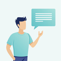 Man With Dark Hair Wearing A Light Blue T-shirt And Dark Blue Pants Speaking In A Teal Speech Bubble With Text In A Light Blue Background