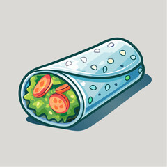 Freshly Made Burrito With Green Lettuce And Sliced Tomatoes Wrapped In A White Tortilla With Blue Circles On A Light Gray Background