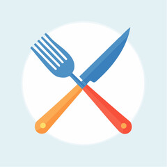 Crossed Blue Fork And Knife With Orange And Red Handles On A White Plate Over A Light Blue Background In A Simple Flat Design Style