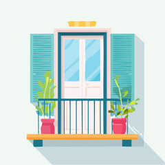 Open Balcony Door With Blue Shutters And Potted Plants On A Sunny Day With Shadows