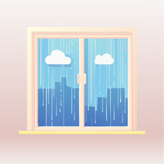 Cartoon Window View of a Rainy Cityscape with Clouds and Vertical Rain Streaks During Daytime in a Soft Pink Room