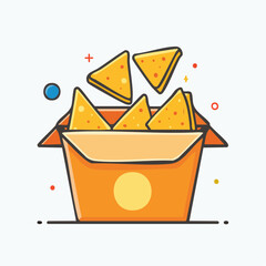 Open Orange Cardboard Box Filled With Yellow Nacho Chips Decorated With Red Specks And Festive Sparkles Against White Background