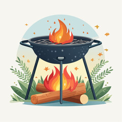 Outdoor Barbecue Grill With Bright Flames And Burning Logs Amidst Green Foliage And Scattered Autumn Leaves