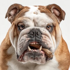 Determined English Bulldog Holding Stick in Mouth