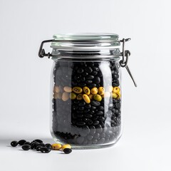 Glass jar filled with diverse beans arrangement against pure white backdrop