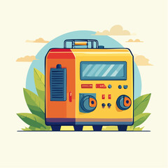 Retro Portable Generator With Yellow Orange Casing And Blue Accents In A Leafy Outdoor Setting With Clouds Above