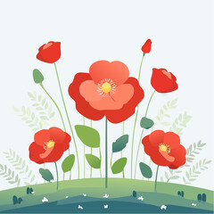 Vibrant Red Poppies Bloom in Lush Green Field Under Soft Daylight With Delicate Leafy Accents