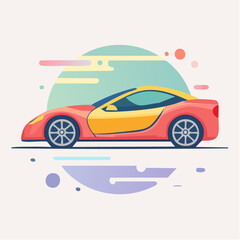 Sleek Red and Yellow Sports Car Depicted in a Stylized Minimalist Illustration With Soft Pastel Background Elements