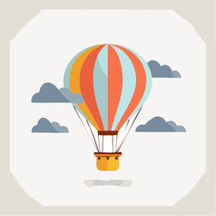 Vibrant Hot Air Balloon With Colorful Stripes Ascending Through Cloudy Sky With Basket Ready For Adventure