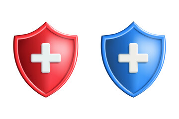 Fototapeta premium 3D Red Medical Shield Icon with White Cross for Healthcare Protection and Emergency Safety Concept Isolated on Transparent Background