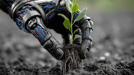 Robot Hand Planting Seedling in Soil.