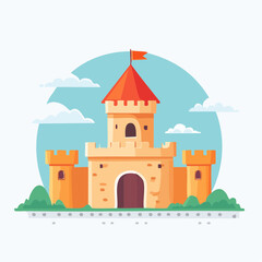 Fantasy Castle Fortress With Orange Roof and Red Flag Under Blue Sky With Clouds Surrounded By Green Bushes And Tall Walls
