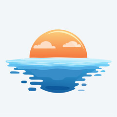 Pixel Art Sunset Over Calm Blue Water With Fluffy White Clouds In A Gradient Orange Sky