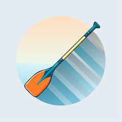 Orange Paddle With Blue And Yellow Shaft Floating On Water With Long Shadow In Circle Graphic Design