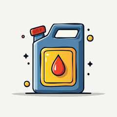 Blue Gasoline Can with Red Drop Symbol and Yellow Square on White Background with Sparkles