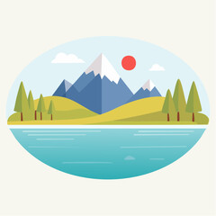 Vibrant Lakeside Mountain Landscape with Evergreen Trees Under a Sunny Sky and Rippling Water