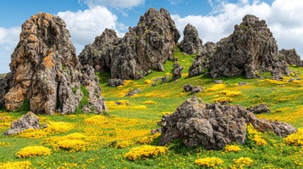 Rock Formations in Yellow Flower Field.