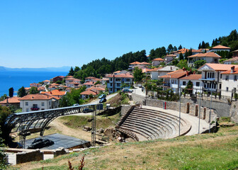 The ancient theater of Ohrid overlooking Lake Ohrid and the historic town.
