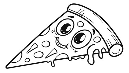 Obraz premium Flat vector illustration of a single pizza slice with a cute smiling face, drawn in a playful hand-drawn doodle style.