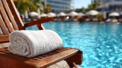 Rolled Towel on Lounge Chair by Pool.