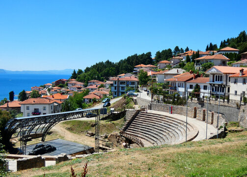 The ancient theater of Ohrid overlooking Lake Ohrid and the historic town.