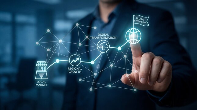 Businessman engaging with digital transformation interface for global expansion - Powered by Adobe