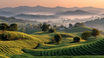 Rolling hills and vineyards at sunset.
