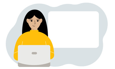 A woman works or on a laptop, there is a place for text nearby. The concept of freelancing or distance learning and work.