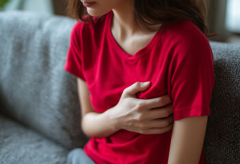 Young woman in a red shirt sitting on a sofa and holding her chest in pain, heart attack or anxiety concept for healthcare and medical emergency at home