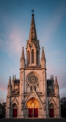 Fototapeta premium Ornate gothic revival church facade at dusk