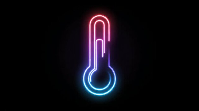 A neon thermometer glows with a gradient of pink to blue colors in a 4K resolution display against a dark background from a straight-on viewpoint.