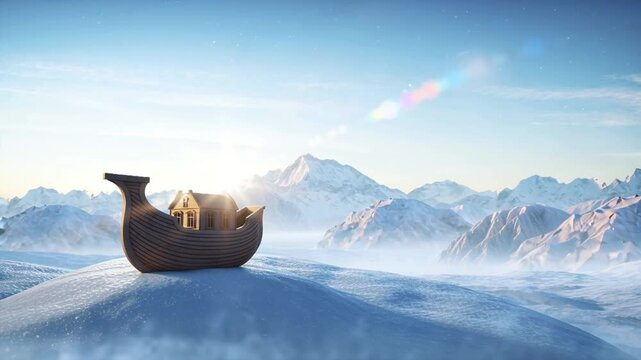 4K cinematic aerial video Noah's Ark reaching snowy summit Mount Ararat global flood. Snow-covered cliffs, frozen waterfalls wildlife emerging, golden sunlight piercing dramatic storm clouds soft mist