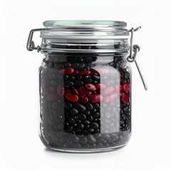 Glass jar filled with colorful array of black and red beans on white background