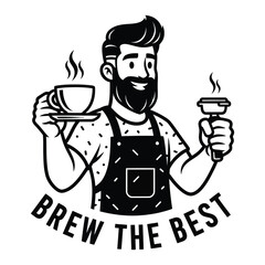 Retro barista character illustration holding coffee and portafilter