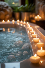 Luxurious spa setting with candles and bubbling water creating a serene relaxation atmosphere