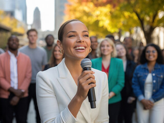 Woman speaking into microphone outdoors with group of people in background and trees with autumn leaves