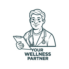 Vintage line art illustration of a doctor with stethoscope and clipboard